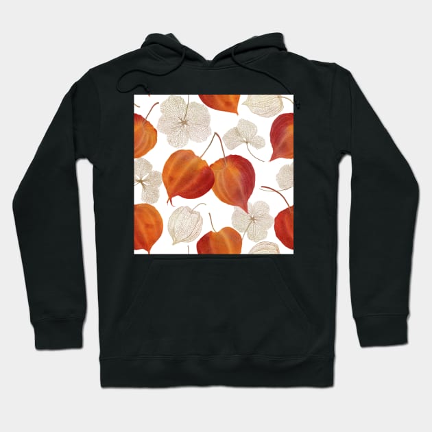 Colorful autumn Physalis flowers buds. Cape gooseberry flowers and leaves structure. Golden berry watercolor illustration. Hoodie by likapix